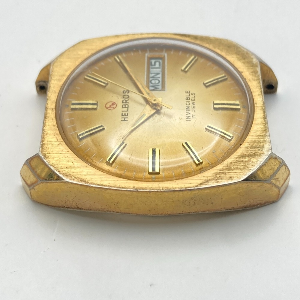 Vintage Helbros Invincible Men's Watch Gold Tone 17 Jewels 34mm Manual Wind Up - Picture 5 of 8